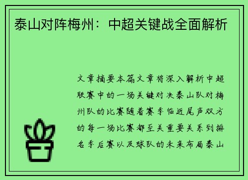 泰山对阵梅州：中超关键战全面解析