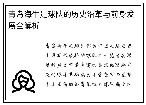 青岛海牛足球队的历史沿革与前身发展全解析